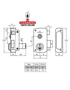 Cerradura Sobreponer puerta madera CILINDRO Y 3 LLAVES SERRETA Modelo 75UN.