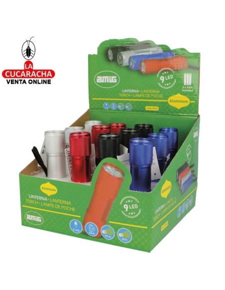 LINTERNA ALUMINIO 9 LED COLORES PILAS AAA MODELO 3943.