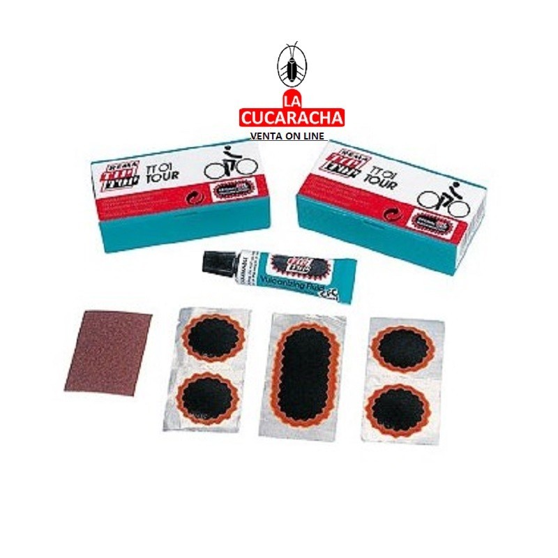 CAJA PARCHES DISOLUCION Y LIJA  MOTO BICI  TIP TOP**