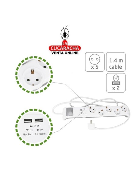 BASE 5 ENCHUFES SCHUKO T.T. INTERRUPTOR 2 TOMAS USB MODELO 5520.