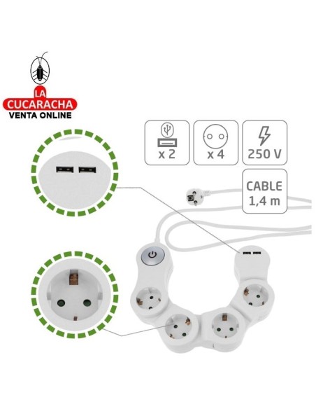 BASE 4 ENCHUFES SCHUKO T.T. INTERRUPTOR 2 TOMAS USB MODELO 5530.