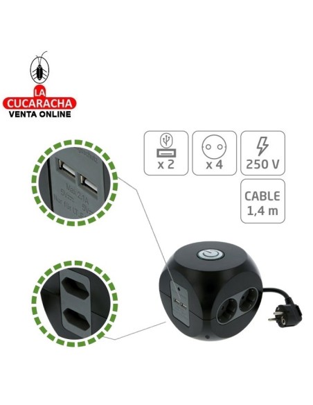 BASE SOBREMESA 6 ENCHUFES SCHUKO 4 T.T.- 2 SIN T.T. INTERRUPTOR 2 TOMAS USB MODELO 5540.