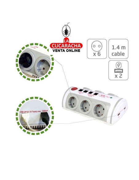 BASE 6 ENCHUFES SCHUKO T.T. INTERRUPTOR 2 TOMAS USB MODELO 5500.