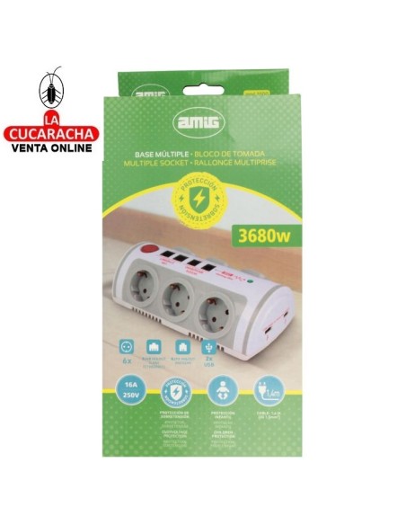 BASE 6 ENCHUFES SCHUKO T.T. INTERRUPTOR 2 TOMAS USB MODELO 5500.