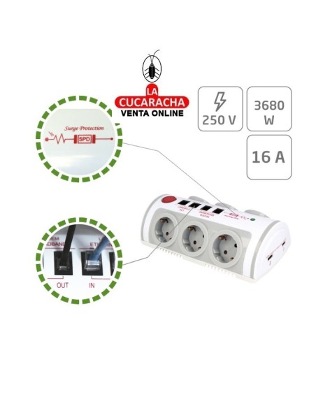 BASE 6 ENCHUFES SCHUKO T.T. INTERRUPTOR 2 TOMAS USB MODELO 5500.