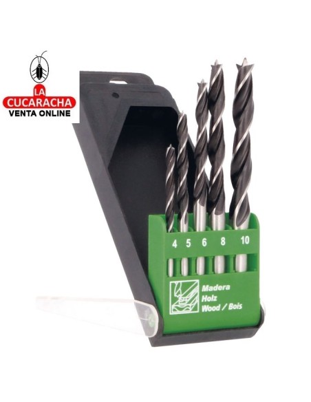 ESTUCHE 5 BROCAS MADERA TRES PUNTAS CROMO VANADIO SERIE CORTA PUNTA CENTRADO MODELO 22605.