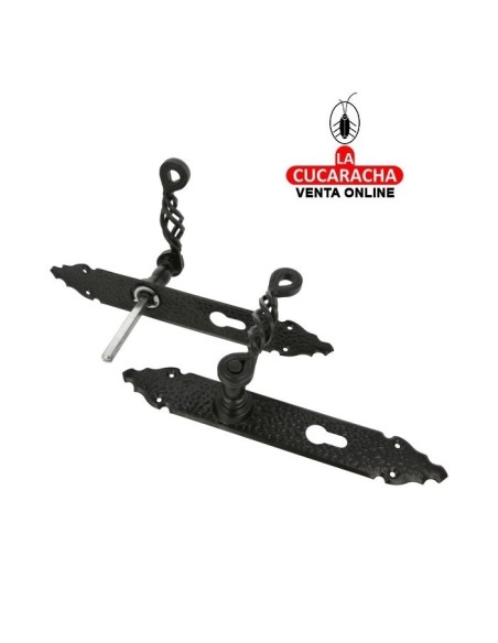 JUEGO MANILLAS PUERTA RUSTICO ZAMAK PLACA MARTILLEADA ACERO MODELO 102PB.