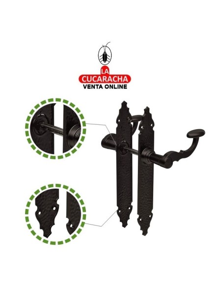 JUEGO MANILLAS PUERTA RUSTICO ZAMAK PLACA MARTILLEADA ACERO MODELO 100P.