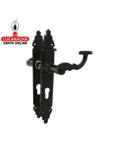 JUEGO MANILLAS PUERTA RUSTICO ZAMAK PLACA MARTILLEADA ACERO BOCALLAVE MODELO 100PB.