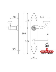 JUEGO MANILLAS PUERTA RUSTICO ZAMAK PLACA MARTILLEADA ACERO BOCALLAVE MODELO 100PB.
