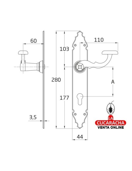 JUEGO MANILLAS PUERTA RUSTICO ZAMAK PLACA MARTILLEADA ACERO BOCALLAVE MODELO 100PB.