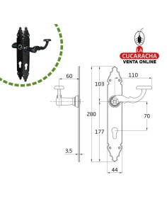 JUEGO MANILLAS PUERTA RUSTICO ZAMAK PLACA MARTILLEADA ACERO BOCALLAVE MODELO 100PB.