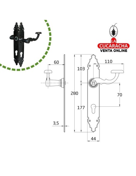 JUEGO MANILLAS RUSTICO ZAMAK PLACA MARTILLEADA ACERO BOCALLAVE MODELO 100PB.