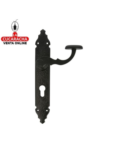 JUEGO MANILLAS PUERTA RUSTICO ZAMAK PLACA MARTILLEADA ACERO BOCALLAVE MODELO 100PB.