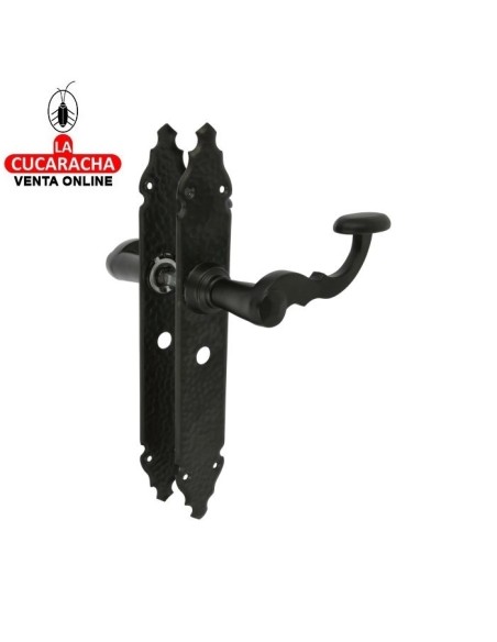 JUEGO MANILLAS PUERTA RUSTICO ZAMAK PLACA MARTILLEADA ACERO AGUJERO CONDENA MODELO 100PW.