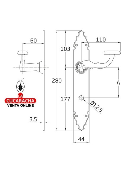 JUEGO MANILLAS PUERTA RUSTICO ZAMAK PLACA MARTILLEADA ACERO AGUJERO CONDENA MODELO 100PW.