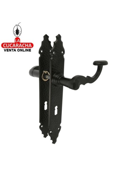 JUEGO MANILLAS PUERTA RUSTICO ZAMAK PLACA MARTILLEADA ACERO BOCA LLAVE GORJA MODELO 100PG.