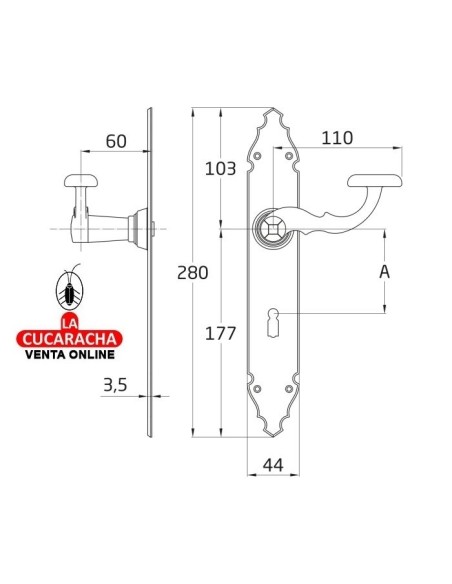 JUEGO MANILLAS PUERTA RUSTICO ZAMAK PLACA MARTILLEADA ACERO BOCA LLAVE GORJA MODELO 100PG.