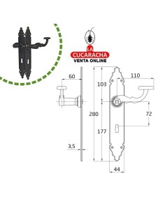 JUEGO MANILLAS PUERTA RUSTICO ZAMAK PLACA MARTILLEADA ACERO BOCA LLAVE GORJA MODELO 100PG.