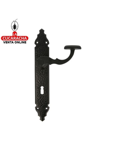 JUEGO MANILLAS PUERTA RUSTICO ZAMAK PLACA MARTILLEADA ACERO BOCA LLAVE GORJA MODELO 100PG.