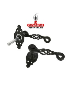 JUEGO MANILLAS PUERTA RUSTICO ZAMAK PLACA MARTILLEADA ACERO MODELO 102K.