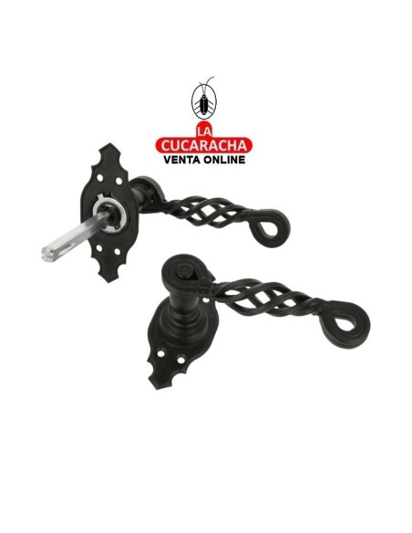 JUEGO MANILLAS PUERTA RUSTICO ZAMAK PLACA MARTILLEADA ACERO MODELO 102K.