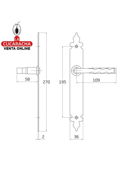 BLISTER JUEGO MANILLAS PUERTA RUSTICO ZAMAK PLACA ESTRECHA ACERO MODELO 106P.