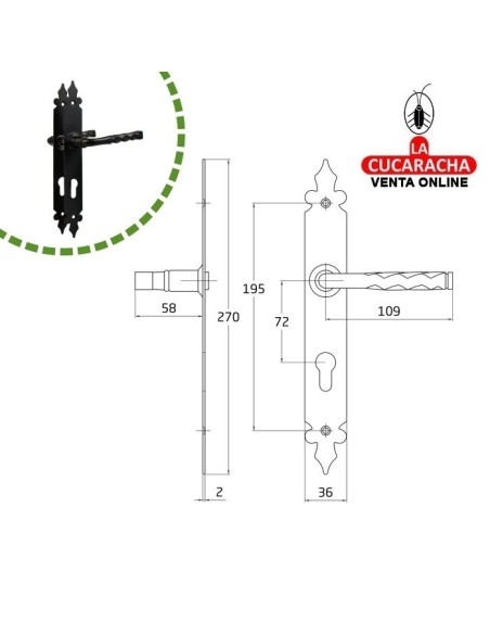 BLISTER JUEGO MANILLAS PUERTA RUSTICO ZAMAK PLACA ACERO Y BOCALLAVE MODELO 106PB.