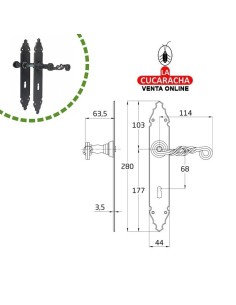 JUEGO MANILLAS PUERTA RUSTICO ZAMAK PLACA MARTILLEADA ACERO BOCALLAVE MODELO 102PG.