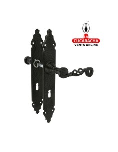 JUEGO MANILLAS PUERTA RUSTICO ZAMAK PLACA MARTILLEADA ACERO BOCALLAVE MODELO 102PG.