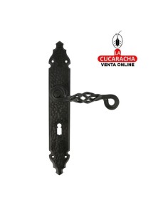 JUEGO MANILLAS PUERTA RUSTICO ZAMAK PLACA MARTILLEADA ACERO BOCALLAVE MODELO 102PG.
