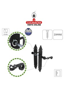 JUEGO MANILLAS PUERTA RUSTICO ZAMAK PLACA MARTILLEADA ACERO MODELO 102P.