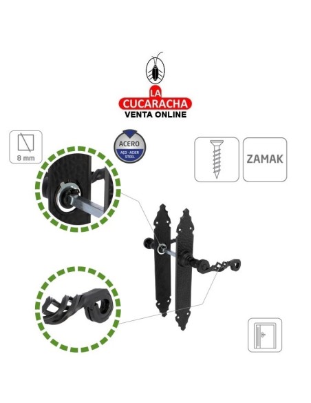 JUEGO MANILLAS PUERTA RUSTICO ZAMAK PLACA MARTILLEADA ACERO MODELO 102P.