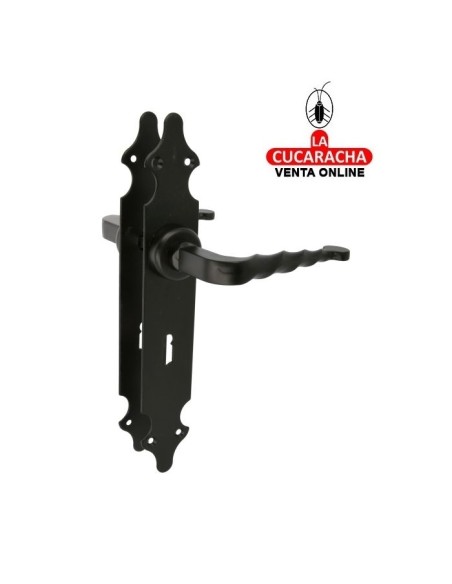 JUEGO MANILLAS PUERTA RUSTICO ZAMAK PLACA LISA ACERO BOCALLAVE MODELO 101PG.