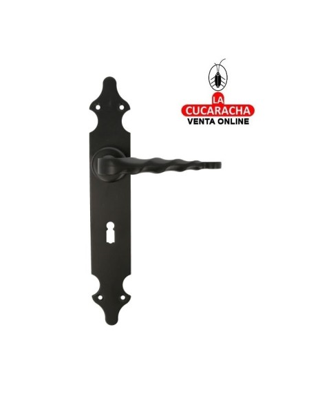 JUEGO MANILLAS PUERTA RUSTICO ZAMAK PLACA LISA ACERO BOCALLAVE MODELO 101PG.