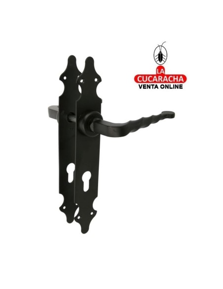 JUEGO MANILLAS PUERTA RUSTICO ZAMAK PLACA LISA ACERO BOCALLAVE MODELO 101PB.
