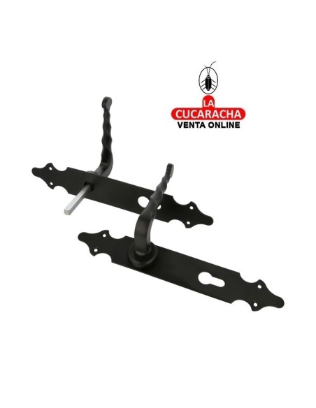 JUEGO MANILLAS PUERTA RUSTICO ZAMAK PLACA LISA ACERO BOCALLAVE MODELO 101PB.