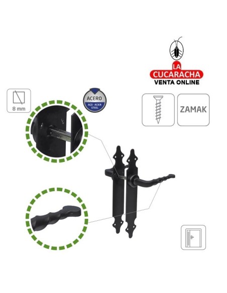 JUEGO MANILLAS PUERTA RUSTICO ZAMAK PLACA LISA ACERO MODELO 101P.