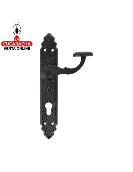 JUEGO MANILLAS PUERTA RUSTICO ZAMAK PLACA MARTILLEADA ACERO BOCALLAVE MODELO 100PEB AT.