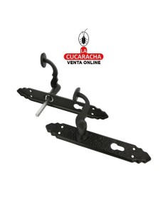 JUEGO MANILLAS PUERTA RUSTICO ZAMAK PLACA MARTILLEADA ACERO BOCALLAVE MODELO 100PEB AT.