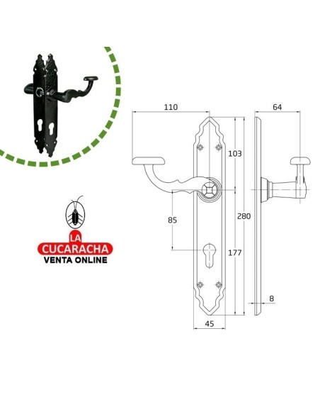 JUEGO MANILLAS PUERTA RUSTICO ZAMAK PLACA MARTILLEADA ACERO BOCALLAVE MODELO 100PEB AT.