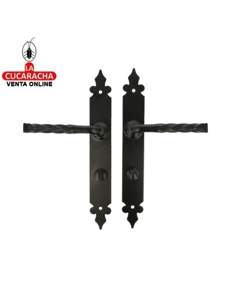 JUEGO MANILLAS PUERTA RUSTICO ZAMAK PLACA ACERO Y AGUJERO PARA CONDENA MODELO 106PW72.