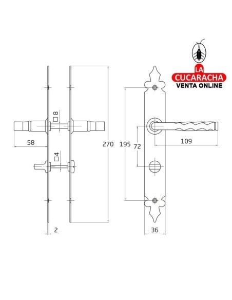 JUEGO MANILLAS PUERTA RUSTICO ZAMAK PLACA ACERO Y AGUJERO PARA CONDENA MODELO 106PW72.