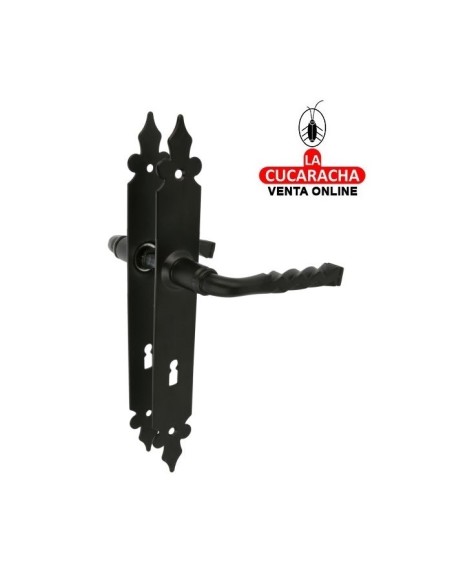 JUEGO MANILLAS PUERTA RUSTICO ZAMAK PLACA ACERO Y BOCALLAVE MODELO 106PG72.
