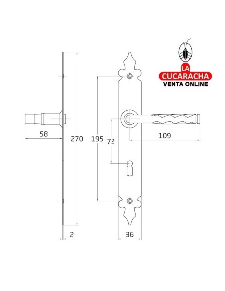 JUEGO MANILLAS PUERTA RUSTICO ZAMAK PLACA ACERO Y BOCALLAVE MODELO 106PG72.