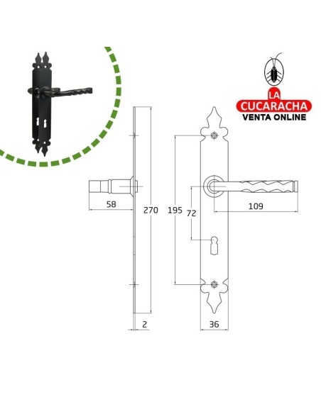 JUEGO MANILLAS PUERTA RUSTICO ZAMAK PLACA ACERO Y BOCALLAVE MODELO 106PG72.