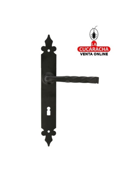 JUEGO MANILLAS PUERTA RUSTICO ZAMAK PLACA ACERO Y BOCALLAVE MODELO 106PG72.