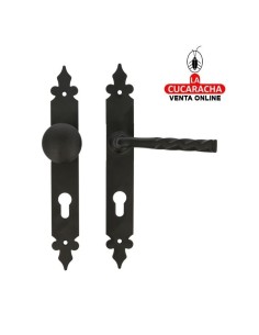 JUEGO MANILLAS PUERTA RUSTICO ZAMAK POMO 21 PLACA ACERO Y BOCALLAVE MODELO 106PB.