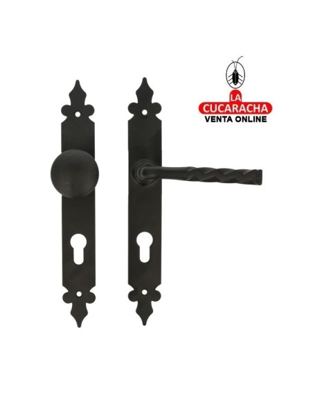 JUEGO MANILLAS PUERTA RUSTICO ZAMAK POMO 21 PLACA ACERO Y BOCALLAVE MODELO 106PB.