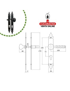 JUEGO MANILLAS PUERTA RUSTICO ZAMAK POMO 21 PLACA ACERO Y BOCALLAVE MODELO 106PB.
